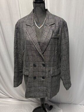 Gray Plaid Blazer Womens XL Double Breasted Jacket Grey Classic Fit Office NEW